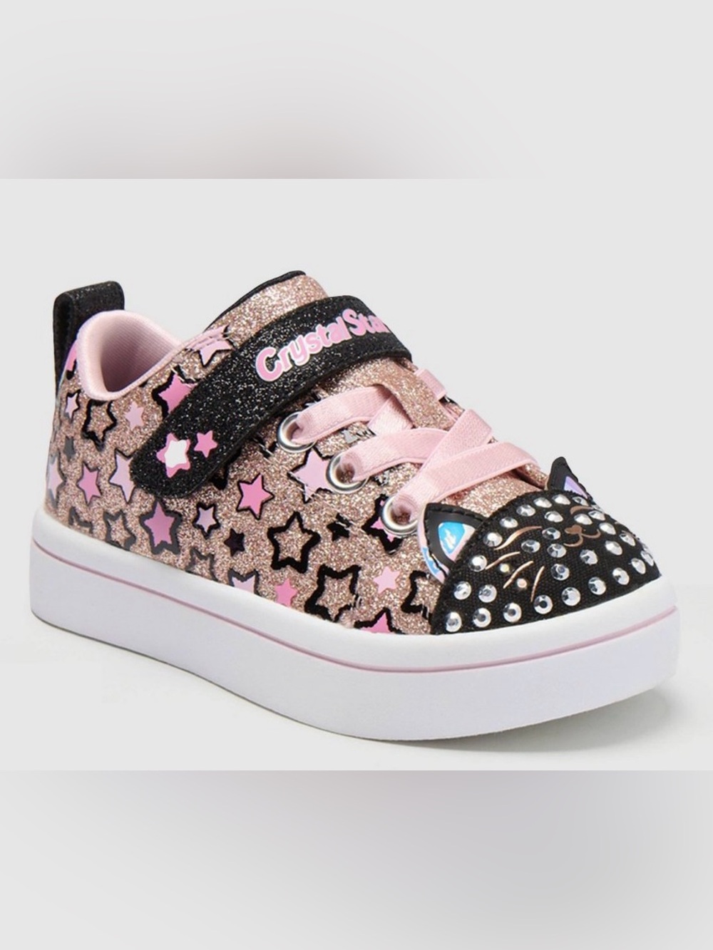Skechers Girls' Pink and Black Glitter Cat Star Sneakers